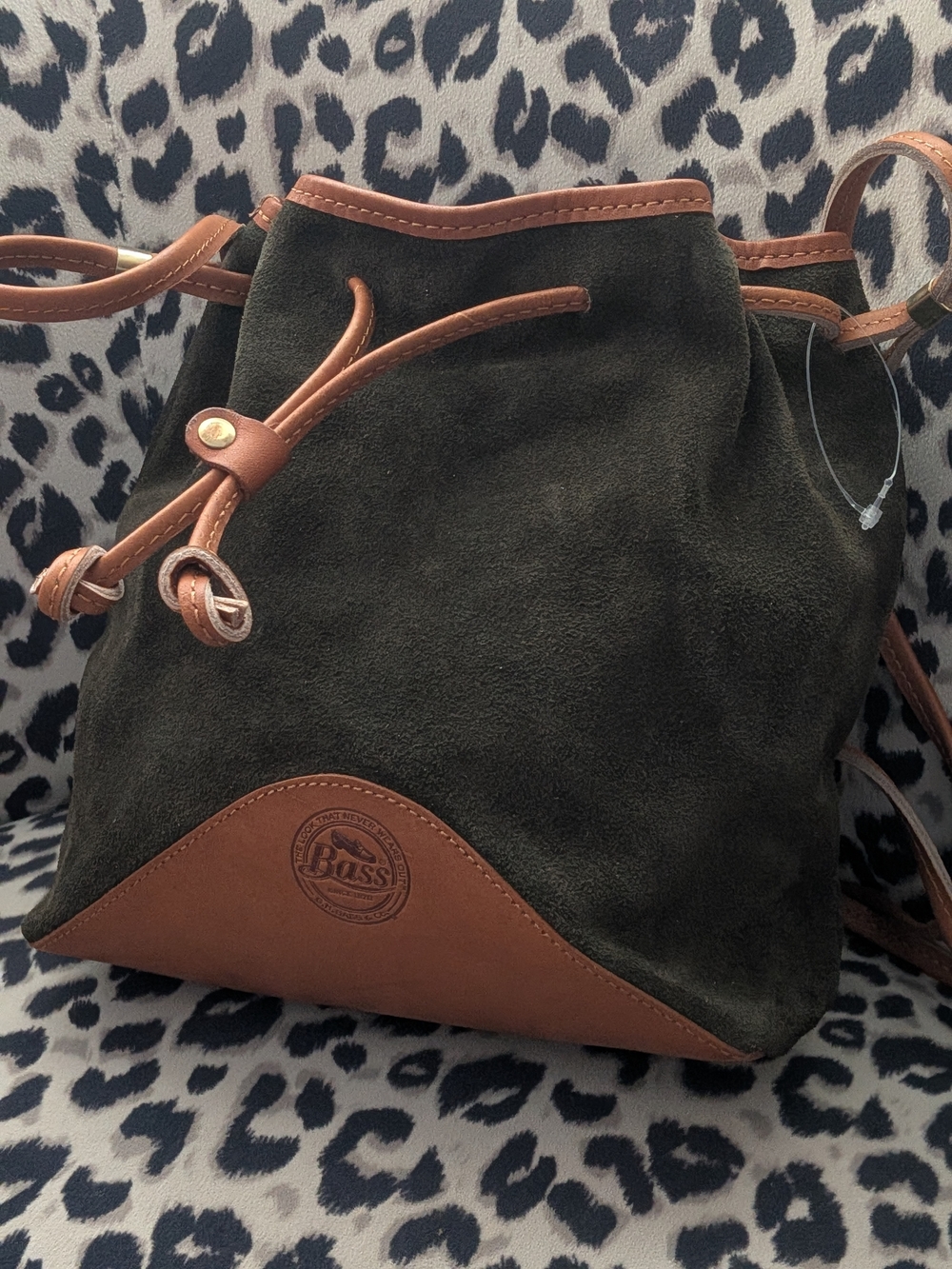 Very RARE G.H. Bass & Co Olive Suede And Tan Leather Bucket Bag.